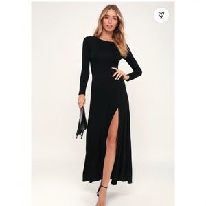 Lulus Swept Away Maxi Dress Black Long Sleeve Side Slit Round Neck Women's S